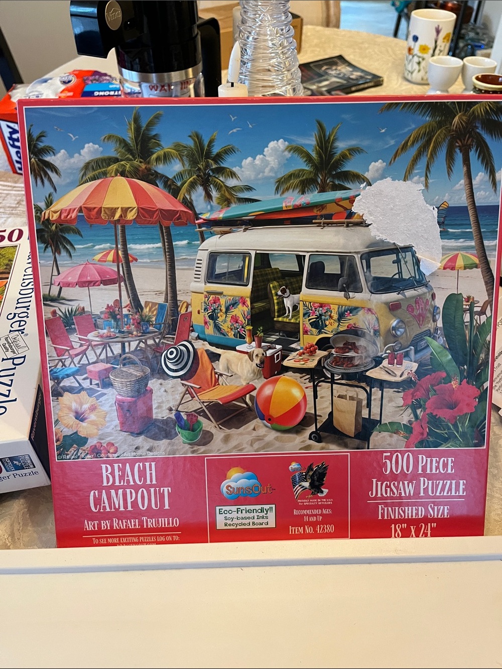 Beach Campout 500-Piece Jigsaw Puzzle Multicolor Beach Van Scene. EUC! All here!